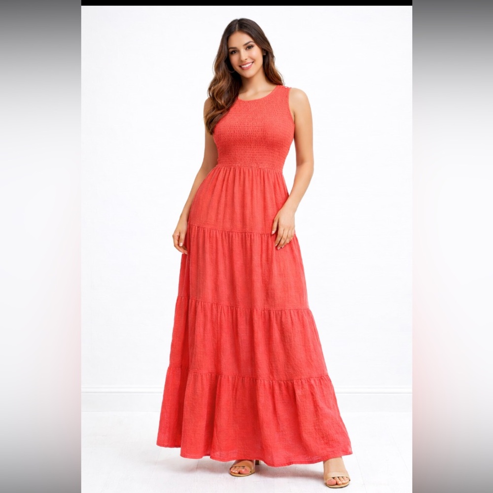 Calvin Klein Coral Smocked Tiered Maxi Dress Sleeveless 100% Cotton